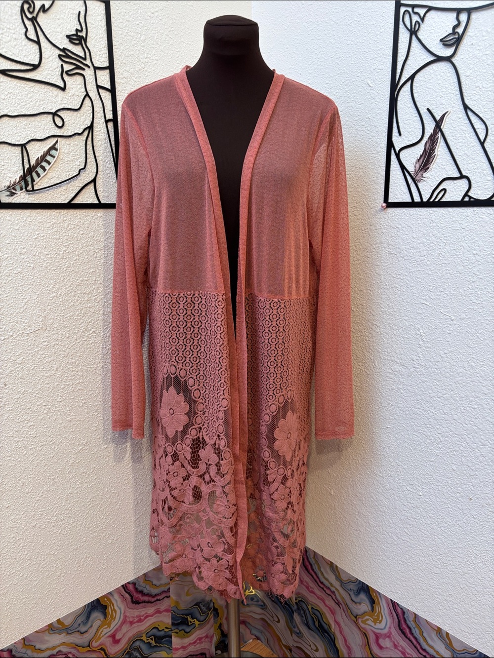 Siren Lily Rose-Pink Lace-Trim Long Sleeve Open Cardigan. Size 1X